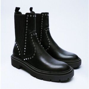 Zara Black Studded Chelsea Lug Boots